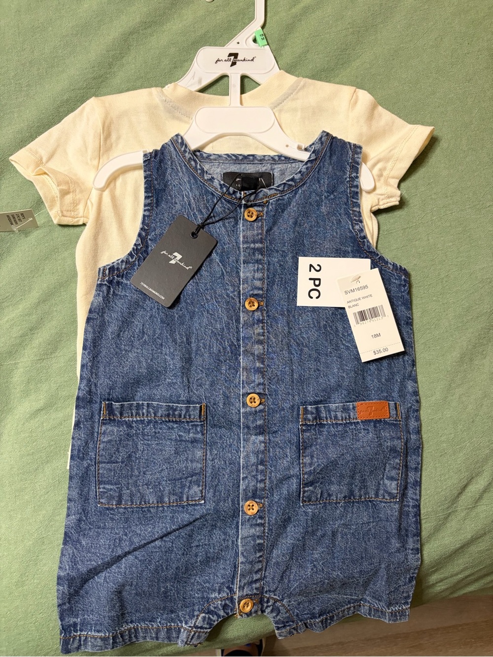 7 For All Mankind Girls' Blue Denim Romper with Cream Tee - 2PC